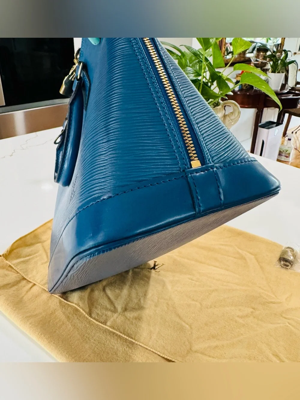 Louis Vuitton Blue Epi Alma Satchel with Gold Hardware